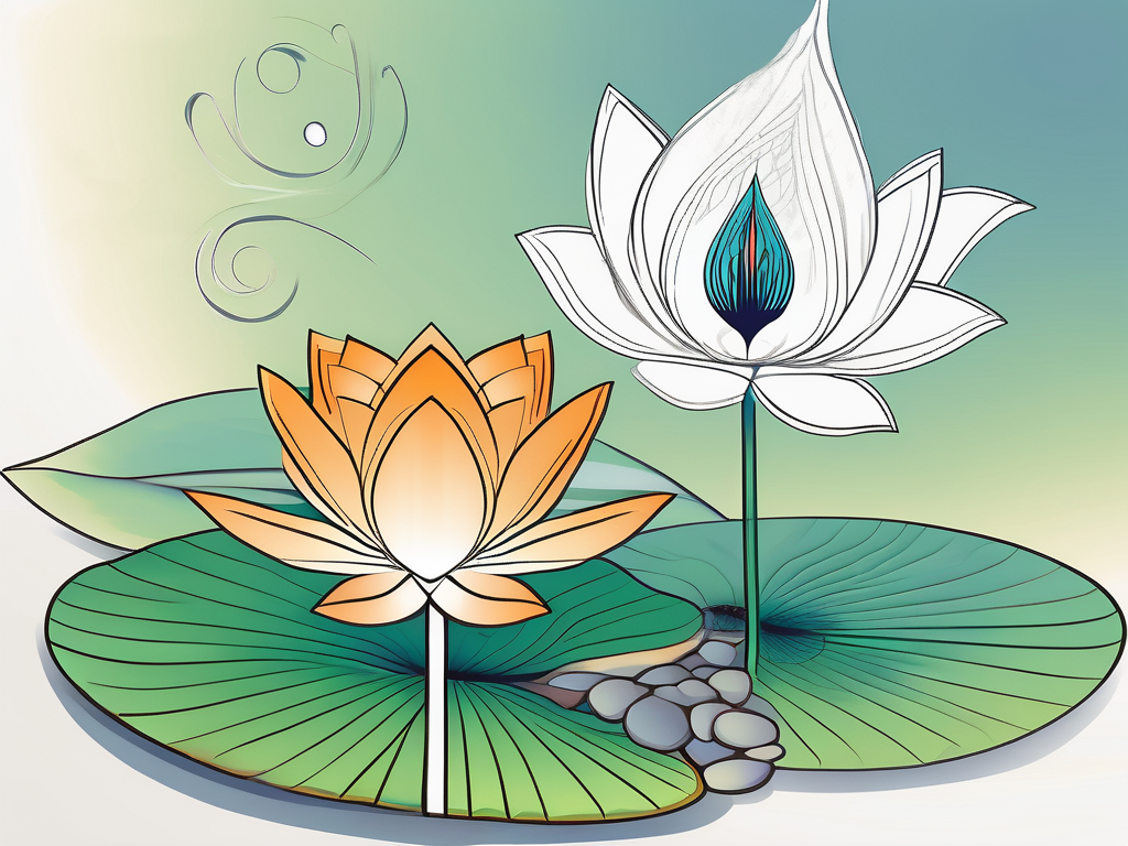 A serene landscape with a lotus flower in the foreground