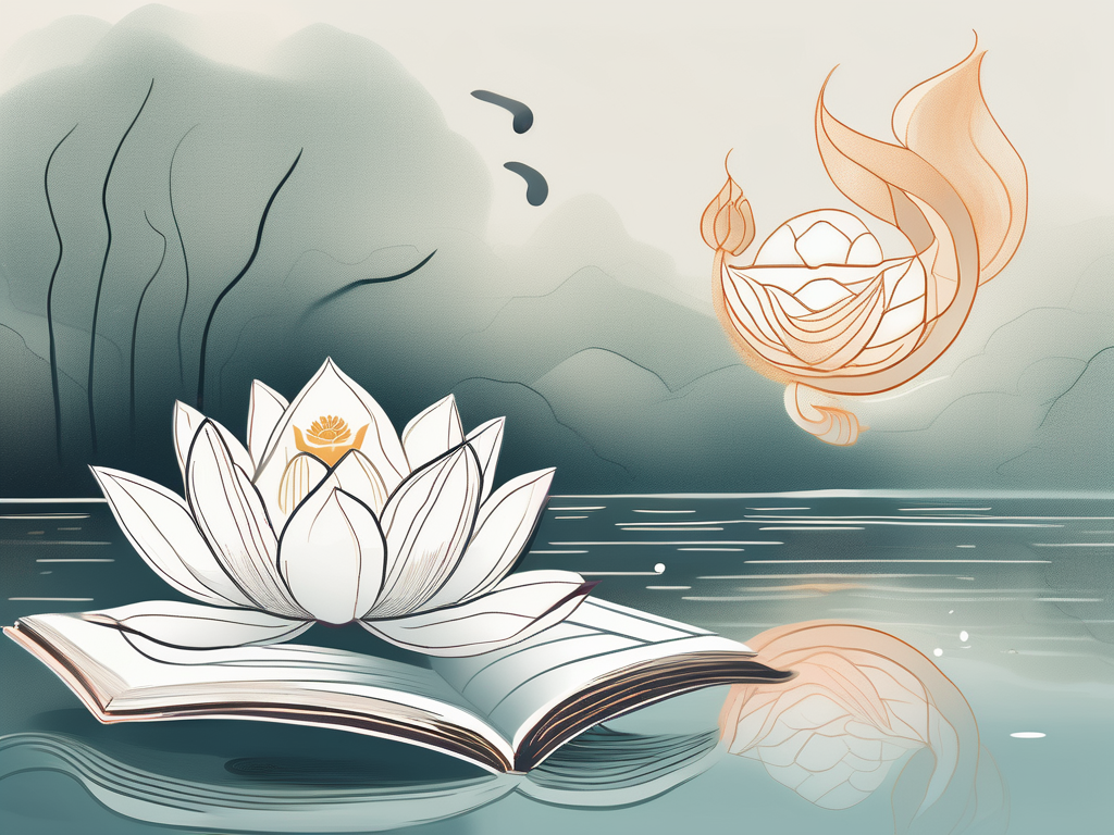 A serene scene featuring a lotus flower floating on a calm river