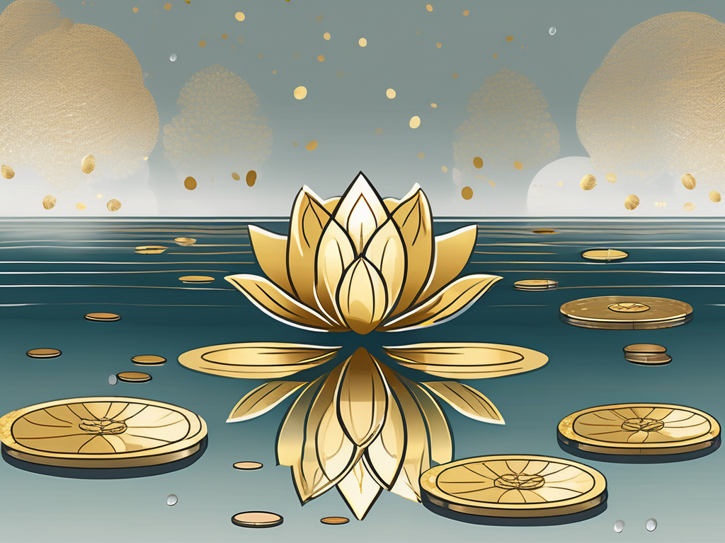 A serene scene depicting a golden lotus flower floating on a tranquil body of water