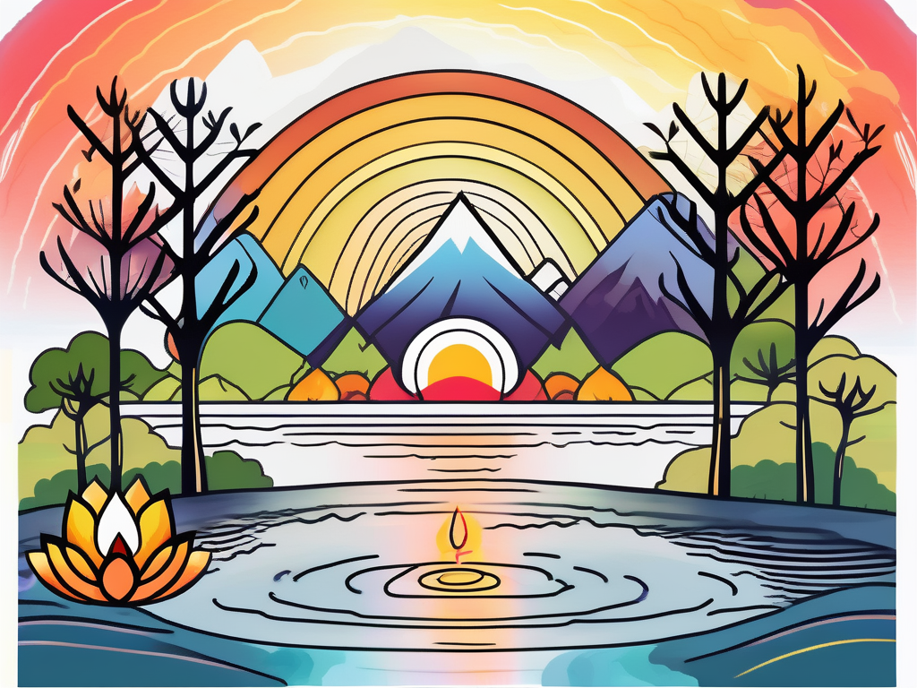 A serene landscape with seven distinct elements representing the chakras