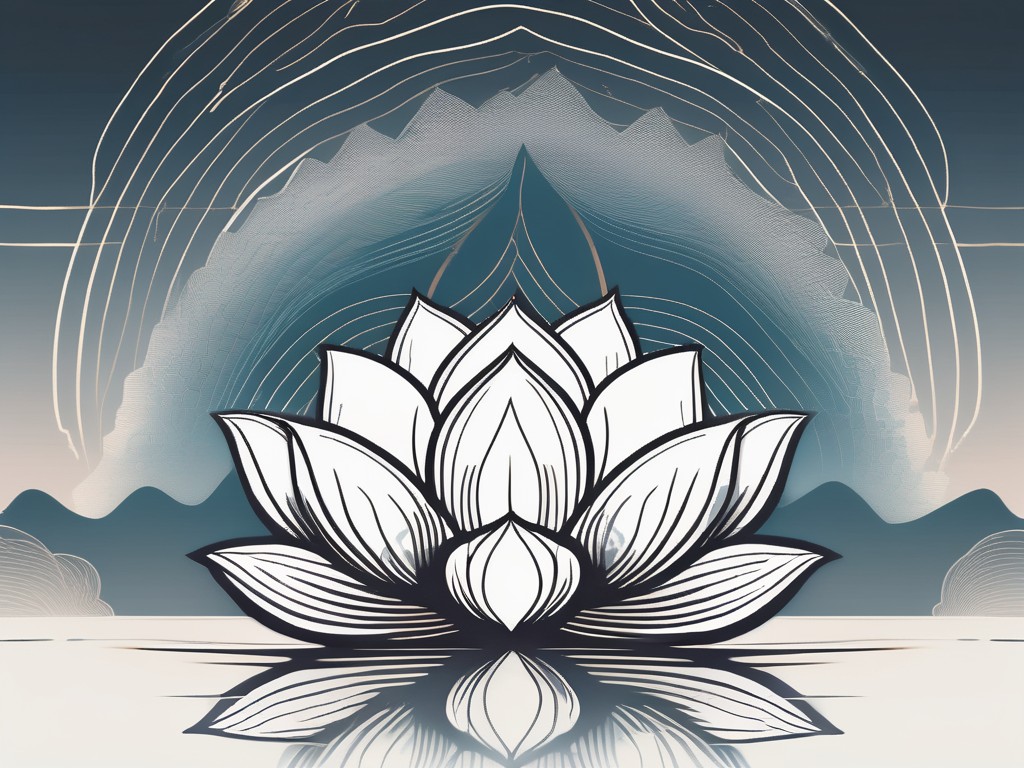 A serene setting with a lotus flower in the foreground and an abstract representation of sound waves emanating from it