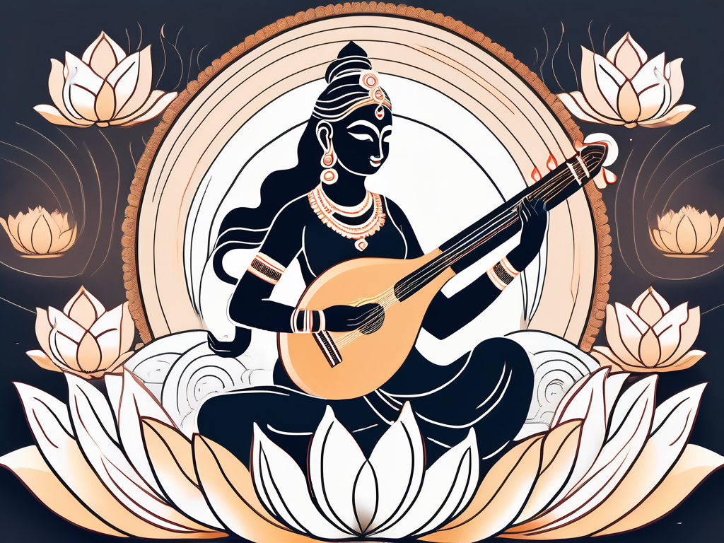 The goddess saraswati sitting on a lotus flower