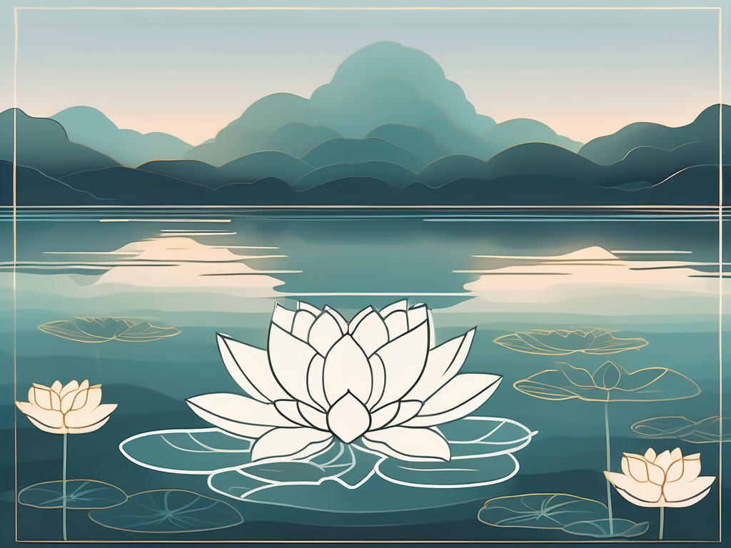 A serene landscape with a lotus flower floating on a calm body of water