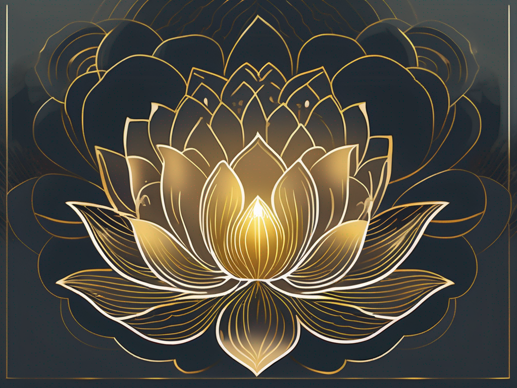 A glowing golden lotus flower floating on a serene body of water