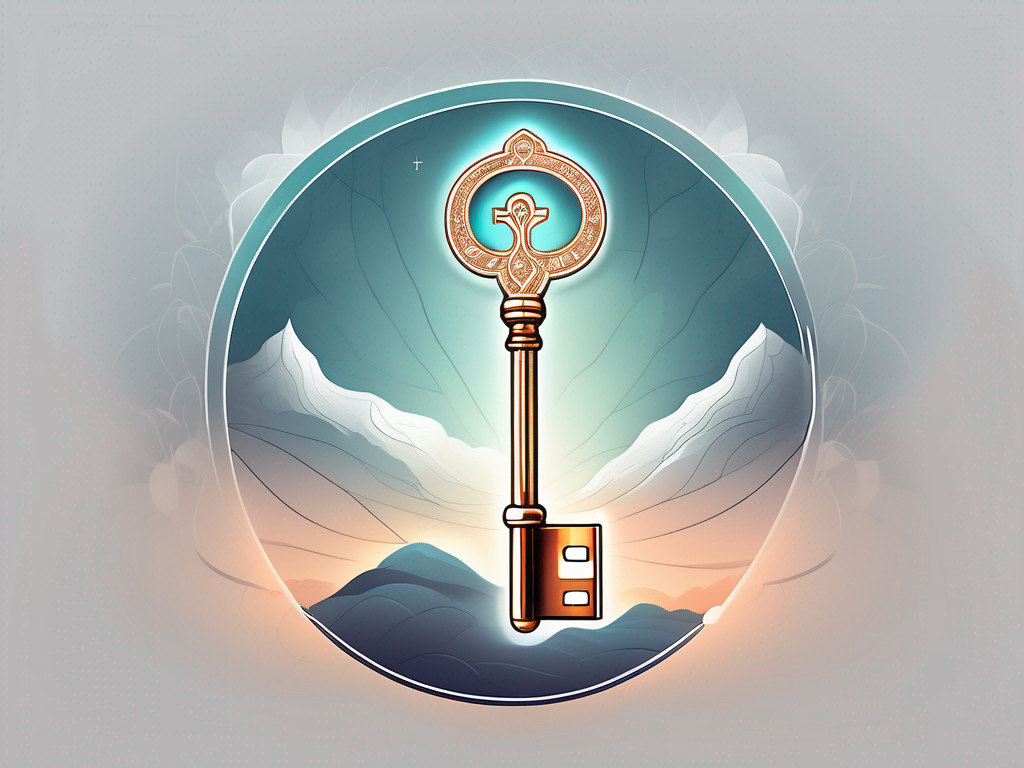 A serene landscape with a glowing key floating in the midst of a divine