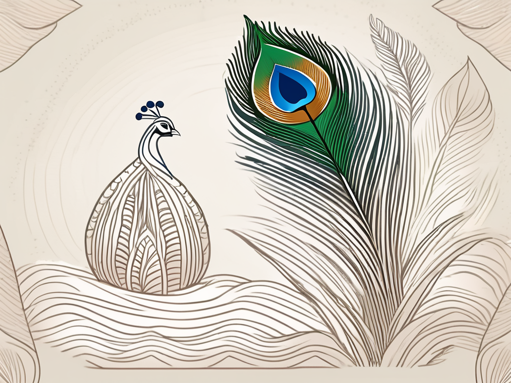 A serene pastoral setting with a peacock feather (symbolic of krishna) and a bundle of rice (symbolic of sudama)