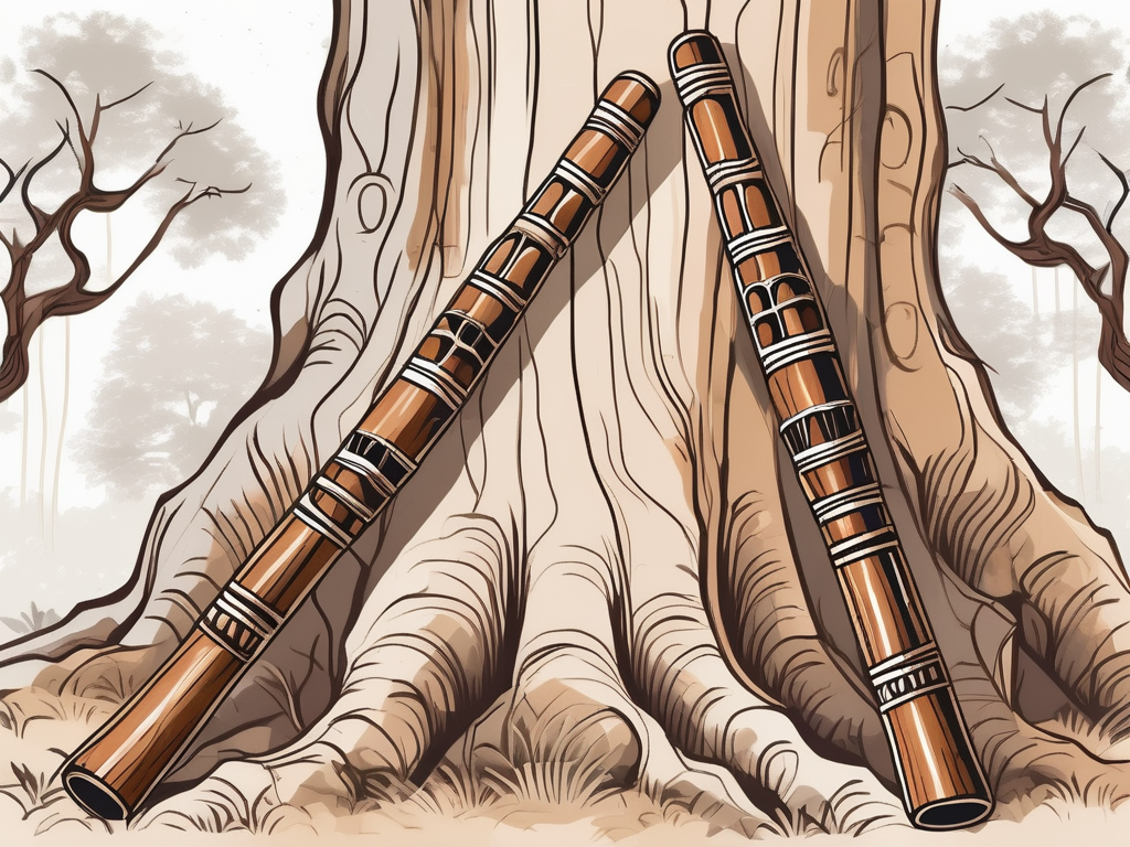 Two traditional indian flutes resting against an ancient peepal tree