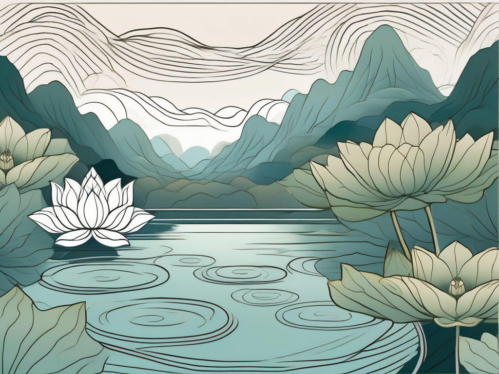 A serene river flowing through a lush landscape with a lotus flower in the foreground