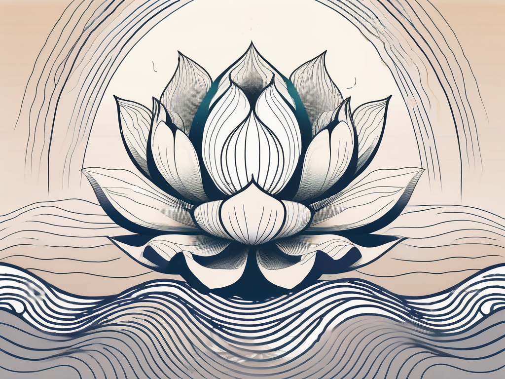 A serene landscape with a lotus flower in the foreground and energy waves emanating from it